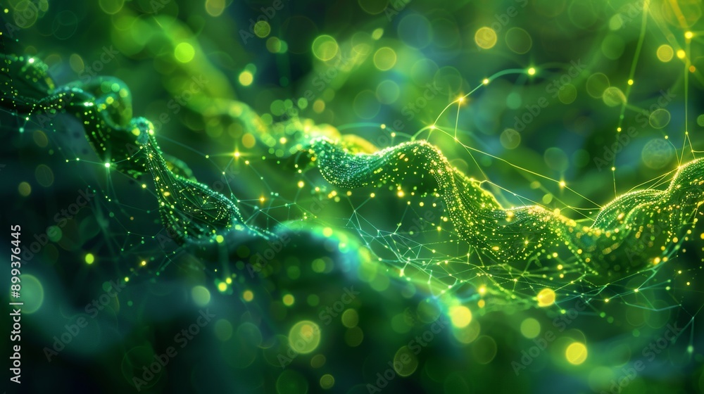 Poster a conceptual illustration of a green algorithmic pattern intertwining with organic shapes, blending 