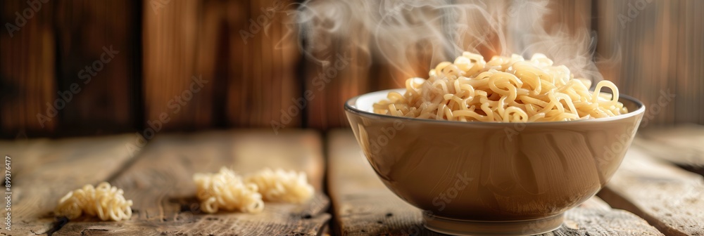 Poster A steaming bowl of instant noodles sits invitingly on a wooden table, ready to be savored and enjoyed. Generative AI