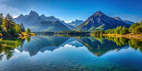 Obraz premium Picturesque landscape of mountains with a peaceful lake reflecting the clear blue sky overhead , mountains, lake