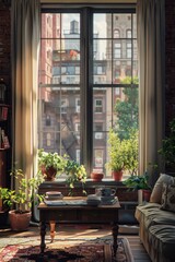 view out of a big elegant window of a cozy new york apartment livingroom on warm summer day