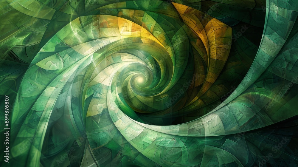 Poster an artistic illustration of a green spiral, formed by algorithmic lines and patterns, drawn in a ske