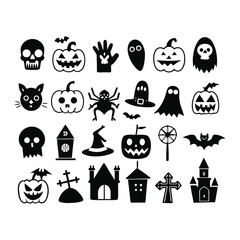 Spooky Halloween Silhouette Icon Set with Pumpkins, Bats, Castles & More