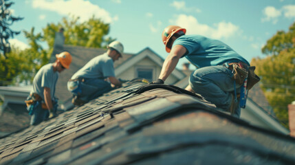 Close-up Team installing a new roof on a suburban house