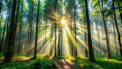 Sun rays filtering through the trees in a dense forest , nature, sunlight, beams, woods, trees, tranquil, peaceful