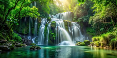 Obraz premium Serene waterfall cascading through lush green forest, waterfall, forest, nature, peaceful, serene, landscape, beauty, flow