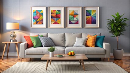 Light grey sofa with vibrant multicolored pillows against a subtle wall backdrop, accompanied by four artistic poster frames, exuding modern Scandinavian pop art inspired living room elegance.