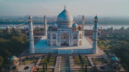 Obraz premium Drone capture of the Taj Mahal in bright blue sky - Agra, India