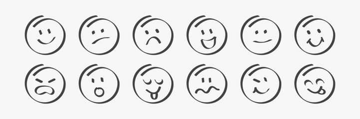 Hand drawn emoji brush collection. Abstract emotions faces. Various mood. Vector illustration