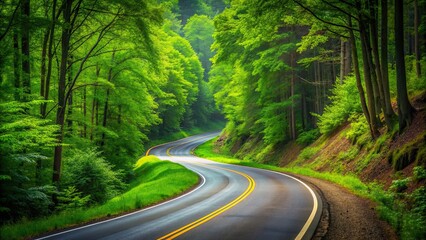 Obraz premium Curvy road cutting through lush green forest, winding, scenic, bending, nature, drive, travel, journey, adventure