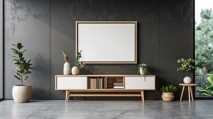 A cozy and stylish living room with minimalist and contemporary decor featuring wooden furniture and modern wall art.