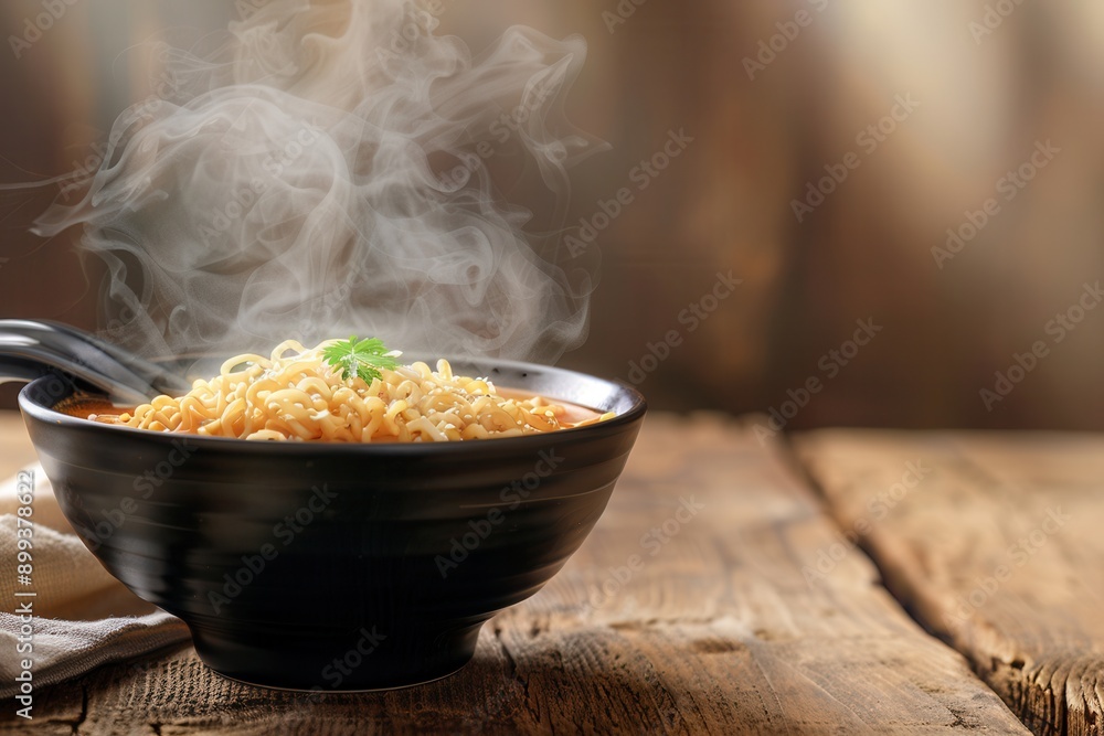 Poster a steaming bowl of instant noodles sits on a wooden table, inviting with its warmth and delectable a