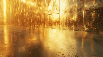 A golden wall with reflective surfaces, creating a luxurious and opulent background with space for copy.