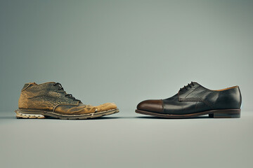 A side-by-side comparison of a worn-out shoe and a polished dress shoe, highlighting the contrast between old and new.