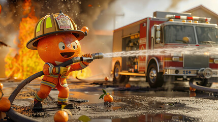 A cartoon orange character dressed as a firefighter spraying water from a hose, with a fire truck and flames in the background, depicting bravery and action.