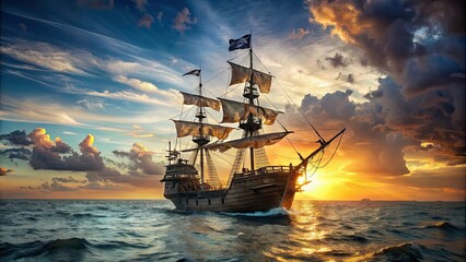 Obraz premium Pirate ship sailing on the open sea with tattered sails and Jolly Roger flag, pirates, ship, ocean, adventure, treasure, buccaneers