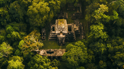 Drone view of the ancient ruins of Tikal nestled in the Guatemalan jungle