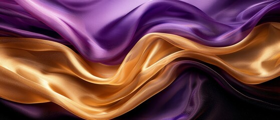 Obraz premium A tight shot of a purple, gold, and black backdrop featuring a wavy pattern on its left side