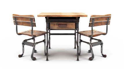 Fototapeta premium A vintage school desk with two chairs and an empty background