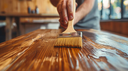 Hand holding a paintbrush applying a fresh coat on wooden furniture