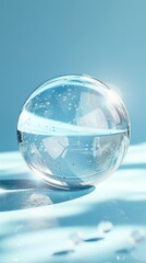  A glass orb hovering above a tranquil body of water, backdrop of blue sky, bubbles rising in the front