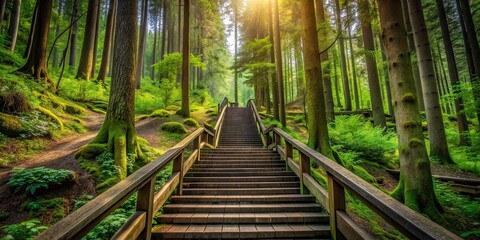 Fototapeta premium Stairway in the forest surrounded by tall trees and green foliage, staircase, nature, woodland, path, steps