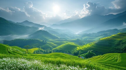 Fototapeta premium Green Rice Terraces in Mountainous Landscape