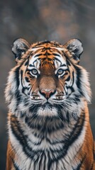 Obraz premium A tight shot of a tiger's intense gaze towards the camera, set against a softly blurred backdrop of the sky