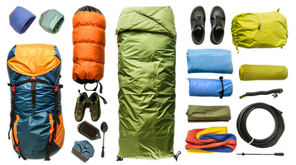 Set of camping equipment with sleeping bag isolated on transparent background 