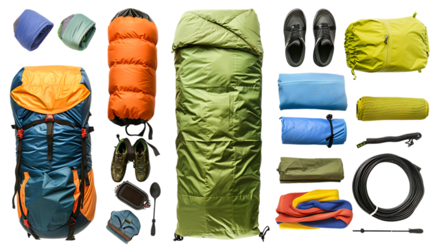 Set of camping equipment with sleeping bag isolated on transparent background 