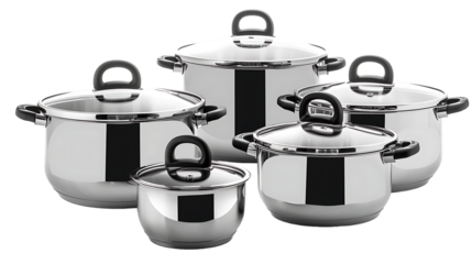 set of clean and shiny stainless steel pots and pans isolated on transparent background 