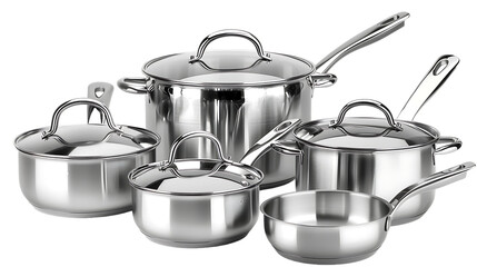 set of clean and shiny stainless steel pots and pans isolated on transparent background 
