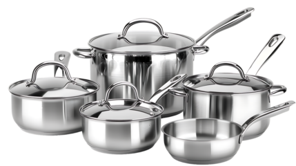 set of clean and shiny stainless steel pots and pans isolated on transparent background 