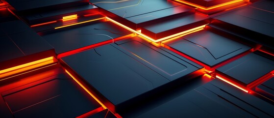  In a dark room, a collection of black and red squares features neon lighting One red square emits light from above