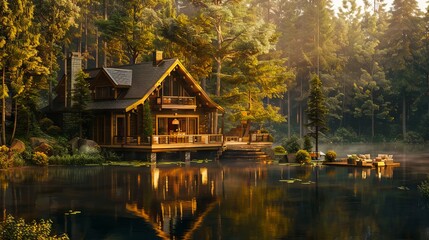 Fototapeta premium A house in the middle of a lake surrounded by trees