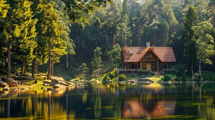 Fototapeta premium A log cabin sits on the shore of a lake surrounded by trees