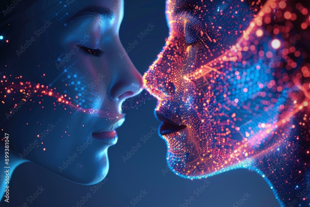 Poster face to face interaction in a neon lit environment symbolizing technology connection and modern rela