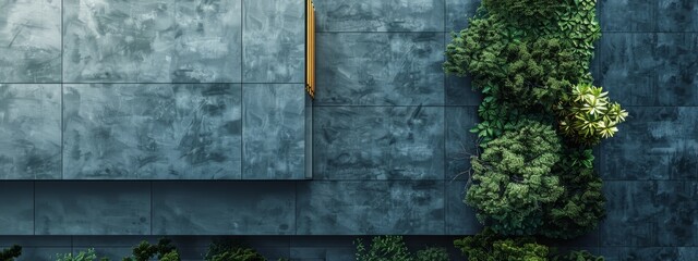  A building corner with a vertical green plant and a yellow umbella suspended from its side