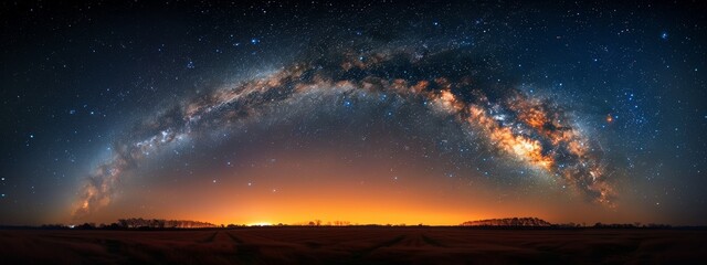 Naklejka premium A view of the Milky Way in the foreground against a backdrop of a night sky, with a field and trees in the foreground