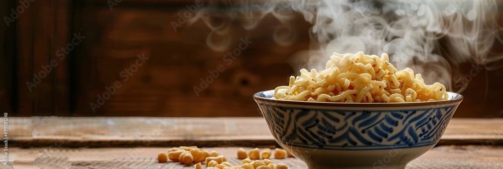 Poster a steaming bowl of delicious instant noodles sits on a rustic wooden table, inviting warmth and comf