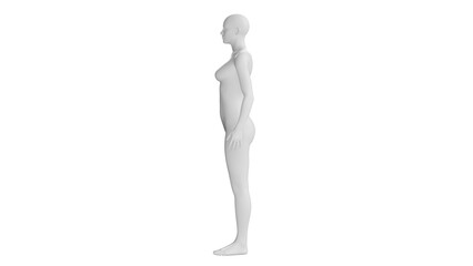 White Female Mannequin Standing Isolated on Transparent Background. Side View.