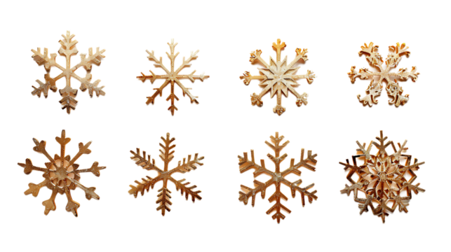 Set of gold christmas snowflakes isolated on transparent background 