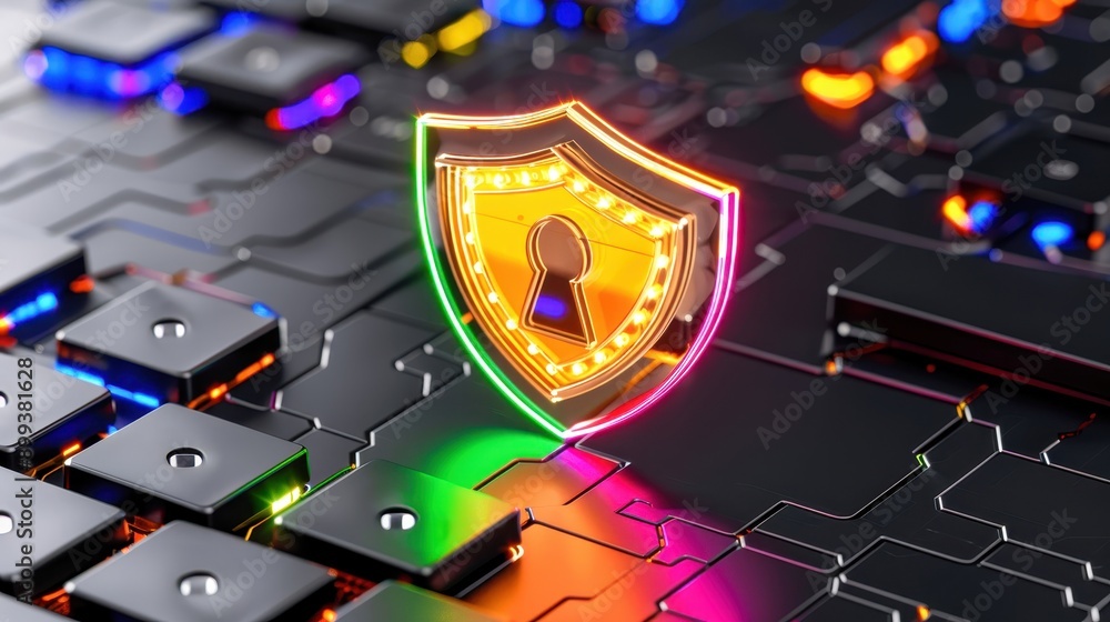Aufkleber a vibrant digital shield symbolizing cybersecurity on a futuristic keyboard, representing protection