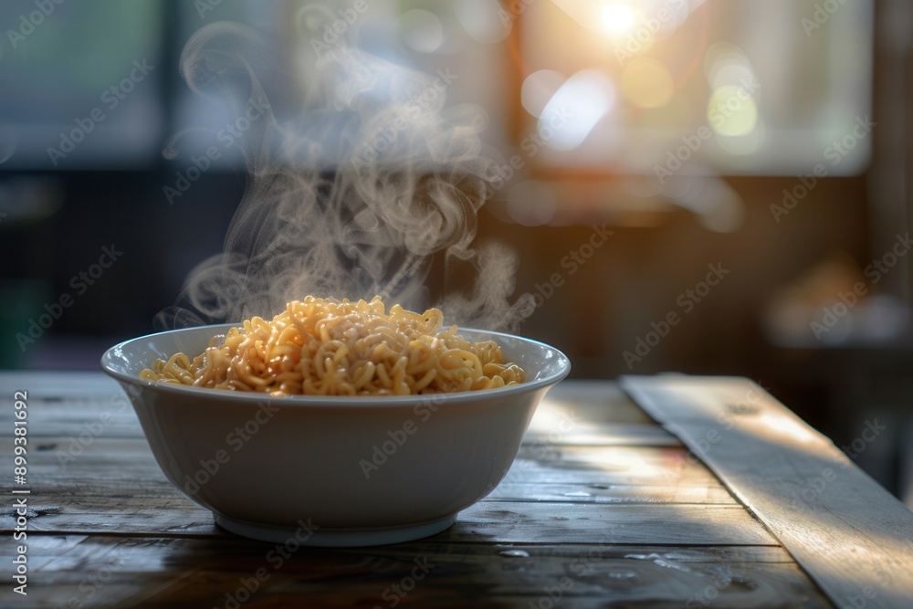 Poster A steaming bowl of instant noodles sits on a wooden table, creating a warm and inviting dining experience in a cozy environment. Generative AI