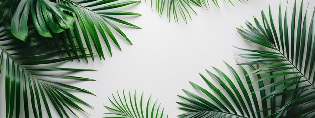  A clean white backdrop showcasing a cluster of verdant palm leaves Ideal for adding text or inserting images for wall display