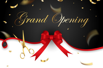 Grand opening card design with red ribbon and gold scissors, gold confetti sprinkles
