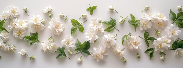 Fototapeta premium White flowers with green leaves on a clean white backdrop Text space on the left side