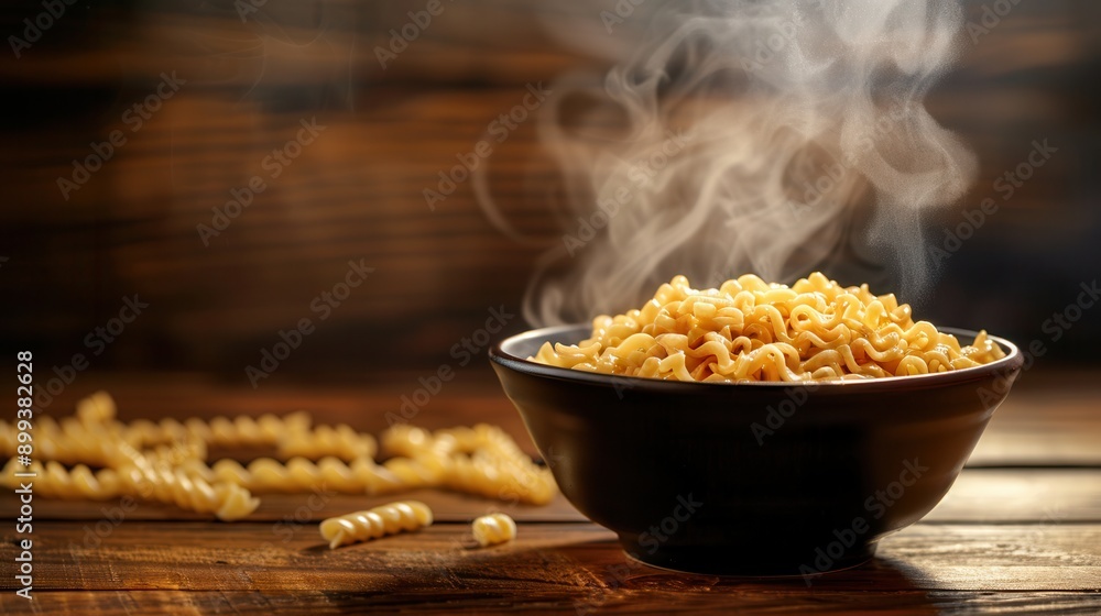 Aufkleber a bowl of delicious instant noodles releases steam while resting on a rustic wooden table, inviting 
