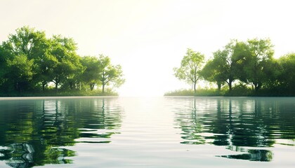 A serene lakeside view with lush trees reflecting in the calm water, creating a tranquil and picturesque summer scene.
