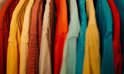 A row of colorful shirts hanging on a rack