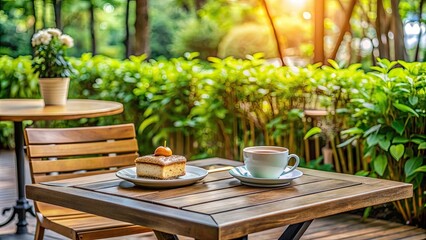 Fototapeta premium Cozy outdoor caf? setting with delicious coffee and cake served on a wooden table, outdoor caf?, cozy, delicious, coffee